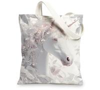 Fanciful Magical Horse - Bolsas de lona reutilizables con diseño floral, correa de hombro ligera y lavable, Blanco, 13x15 Inch
