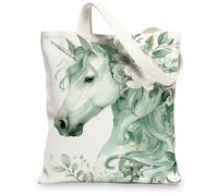 Fanciful Magical Horse - Bolsas de lona reutilizables con diseño floral, ligeras y lavables con correa para el hombro, Verde, 13x15 Inch