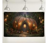 Fanciful Pumpkin Cottage telón de fondo, decoración de cuento de hadas de otoño encantado para fotografía, fondo mágico de Halloween para fiestas y celebraciones, 71 x 43 pulgadas