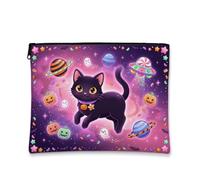 Fanciful Space Cat - Bolsa de maquillaje de Halloween de 7 x 9 pulgadas | Tema espacial fantástico, bolsa de cosméticos, ilustración cósmica de gato, fondo de nebulosas violeta vibrante