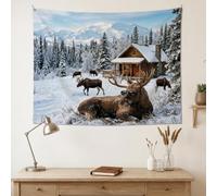Fanciful - Tapiz de paisaje de cabaña de invierno con alce de 101,6 x 76,2 | Cabaña de troncos rústica, colgante de pared de tela, paisaje de montaña nevada, accesorio de gafas de sol fantástico