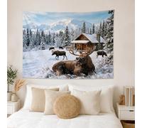 Fanciful - Tapiz de paisaje de cabaña de invierno con alce de 152 x 101 cm | Cabaña de troncos rústica, colgante de pared de tela, paisaje de montaña nevada, accesorio de gafas de sol fantástico
