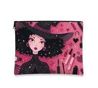 Fanciful Witch - Bolsa de maquillaje para mujer, bolsa de viaje portátil de lona pequeña con cremallera, bolsa de aseo para el cuidado de la piel de Halloween, melocotón, 7x9 Inch, Bruja