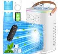 FANCOLE Aire acondicionado pequeño, batería de 5400 mAh, 2 paquetes de hielo, enfriador de aire evaporativo, temporizador inteligente de 7 horas y control remoto de 16.4 pies, luz de 7 colores, tanque