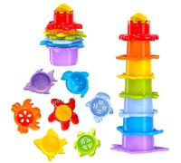FANCY Baby Set de Cubos Apilables para Bebés de 1 Año+ Juguetes de Playa y Baño - 7 Bloques Apilables - Torre Apilable Montessori, Juguete Educativo para el Bañera de Colores con Animales Marinos
