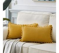 Fancy Homi Funda Decorativa para Cojines lumbares, 30 x 50 cm con Pompones, para salón, sofá; Estilo rústico Rural, Dormitorio, Suave Funda de Color Liso de Pana, Paquete de 2, Amarillo Mostaza