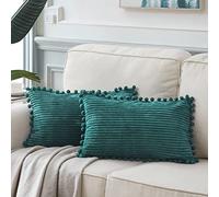 Fancy Homi Funda decorativa para cojines lumbares de 30 x 50 cm con pompones, para salón, sofá, dormitorio; estilo rústico rural, dormitorio, funda suave, color liso, pana, paquete de 2, verde azulado