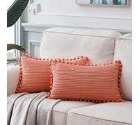 Fancy Homi Funda Decorativa para Cojines lumbares de 30 x 50 cm con Pompones, para salón, sofá, Estilo rústico Rural, Dormitorio, Suave Funda de cojín de Pana, Paquete de 2, Coral melocotón