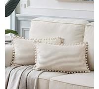 Fancy Homi Funda Decorativa Rectangular para Cojines de 30 x 50 cm con Pompones, para sofá, Cama, Coche, salón, Dormitorio; Funda Bohemia, Suave y Lisa de Pana, Paquete de 2, Crema
