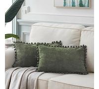 Fancy Homi Funda decorativa rectangular para cojines lumbares de 30 x 50 cm con pompones, para sofá, cama, salón, estilo rural bohemio; suave funda de color liso de pana, paquete de 2, verde oliva