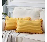 Fancy Homi Funda decorativa rectangular para cojines lumbares de 30 x 50 cm con pompones, para sofá, cama, coche, salón; estilo bohemio, suave funda lisa de pana, paquete de 2, amarillo