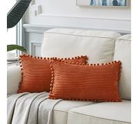Fancy Homi Funda decorativa rectangular para cojines lumbares de 30 x 50 cm con pompones, para sofá, cama, salón, estilo rural bohemio; suave funda de color liso de pana, paquete de 2, naranja tostado