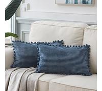 Fancy Homi Funda decorativa rectangular para cojines lumbares de 30 x 60 cm con pompones, para sofá, cama, salón, funda suave, color liso, pana, estilo rural bohemio, paquete de 2, azul empolvado