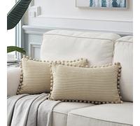Fancy Homi Funda decorativa rectangular para cojines lumbares de 30 x 60 cm con pompones, para sofá, cama, coche, salón, suave funda de cojín lisa de pana, paquete de 2, beis