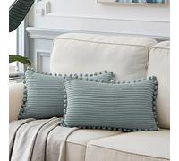 Fancy Homi Funda decorativa rectangular para cojines lumbares de 30 x 60 cm con pompones, para sofá, cama, coche, salón, estilo rural, suave funda lisa de pana, paquete de 2, gris y azul