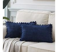 Fancy Homi Funda decorativa rectangular para cojines lumbares de 30 x 60 cm con pompones, para sofá, cama, salón, funda suave, color liso, pana, estilo rural bohemio, paquete de 2, azul marino
