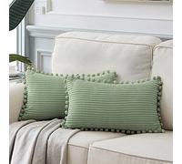 Fancy Homi Funda decorativa rectangular para cojines lumbares de 30 x 60 cm con pompones, para sofá, cama, salón, suave funda de color liso de pana, estilo rural bohemio, paquete de 2, verde salvia