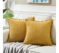 Fancy Homi Fundas Decorativas cuadradas para Cojines 45 x 45 cm con Pompones, para sofá, Cama, salón, Dormitorio, Funda Lisa y Suave de Pana; Estilo Bohemio, Paquete de 2, Amarillo Mostaza