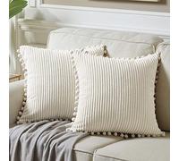 Fancy Homi Fundas Decorativas cuadradas para Cojines de 40 x 40 cm con Pompones, para sofá, Cama, Dormitorio, Coche, salón; Funda Bohemia, Suave y Lisa de Pana, Paquete de 2, Crema