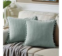 Fancy Homi Fundas decorativas cuadradas para cojines de 50 x 50 cm con pompones, para sofá, cama, dormitorio, coche, salón; funda suave y lisa de pana suave, estilo rural bohemio, paquete de 2, gris y