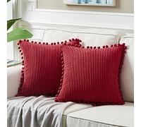 Fancy Homi Fundas decorativas cuadradas para cojines de 50 x 50 cm con pompones, para sofá, cama, salón; funda suave y lisa de pana, decoración navideña, paquete de 2, burdeos