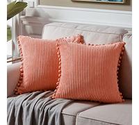 Fancy Homi Fundas decorativas cuadradas para cojines de 55 x 55 cm con pompones, para sofá, cama, dormitorio, salón; funda lisa y suave de pana, paquete de 2, coral