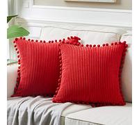 Fancy Homi Fundas decorativas para cojines de 30 x 30 cm con pompones, para sofá, cama, decoración de estilo moderno, rural, bohemio, funda bonita y suave de pana, paquete de 2, rojo