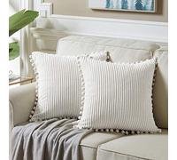 Fancy Homi Fundas decorativas para cojines de 55 x 55 cm con pompones, para sofá, cama, dormitorio, salón; funda lisa y suave de pana, paquete de 2, blanco crema