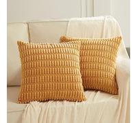 Fancy Homi Paquete de 2 Fundas de Almohada Decorativas de Color Amarillo Mostaza de 18 x 18 Pulgadas para Sala de Estar, sofá, Cama, Funda de cojín Cuadrada de Pana Suave a Rayas de 45 x 45 cm