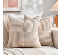 Fancy Homi - Paquete de 2 fundas de almohada decorativas de color beige para sofá, cama, estilo rústico bohemio, funda de cojín cuadrada de 35 x 35 cm, diseño de parche cruzado de pana beige suave