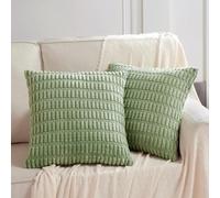 Fancy Homi Paquete de 2 fundas de almohada decorativas de color verde salvia de 18 x 18 pulgadas para sala de estar, sofá, cama, funda de cojín cuadrada de pana suave a rayas de 45 x 45 cm, decoración