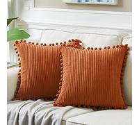 Fancy Homi Paquete de 2 Fundas de Almohada Decorativas de otoño óxido de 20 x 20 Pulgadas con Pompones para Sala de Estar, sofá, Dormitorio, Funda de cojín Cuadrada de Pana Suave, Color Terracota