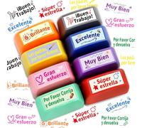 Fancy Land Sellos autoentintados españoles para profesor, juego de sellos motivacionales para niños, escuela, tareas, pruebas, suministros de recompensa, 8 unidades