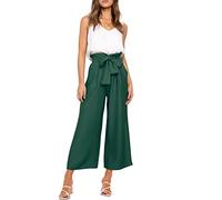 FANCYINN Ladies 2 Piece Crop Pants Set with Wide Leg Wide Strap V-Neck Tank High Waist Cropped Paper Bag Trousers with Belt White Top with Dark Green