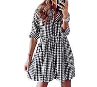 FANCYINN Vestido Camisero de Cuadros Vichy para Mujer Manga Larga Botones Blusas túnica Informal Minivestido a Cuadros En Blanco y Negro S