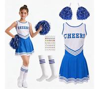 Fancysky Disfraz Animadora Niña, Disfraces Animadora Crianca con Pompones Calcetines y 2 Pegatinas,Traje Infantil Vestido Cheerleader Costume, para Carnaval Halloween Cosplay Fiesta (Azul, 130)