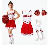 Fancysky Disfraz Animadora Niña, Disfraces Animadora Crianca con Pompones Calcetines y 2 Pegatinas,Traje Infantil Vestido Cheerleader Costume, para Carnaval Halloween Cosplay Fiesta (Rojo, 150)