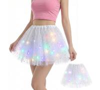 Fancysky Tutu Mujer LED Luces de Colores, 40 cm, Falda de Tul Damas,Estrellas Lentejuelas Vestido de Baile,Adecuado para Carnavales, Bailes de Máscaras, Fiestas, Festivales de Música (Blanco)