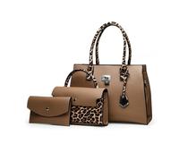 FANDARE 3 Piezas Elegante Bolsos de Mano Mujer PU Cuero Bolso Bandolera Bolso de Mano Cartera Juego de Leopardo Retro Bolsa Hombro Señora Tote Shopper Mensajero Trabajo Viajar Crossbody Bag Caqui