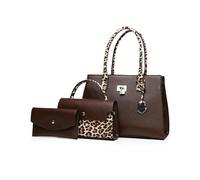 FANDARE 3 Piezas Elegante Bolsos de Mano Mujer PU Cuero Bolso Bandolera Bolso de Mano Cartera Juego de Leopardo Retro Bolsa Hombro Señora Tote Shopper Mensajero Trabajo Crossbody Bag Marrón oscuro