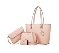 FANDARE 4 Piezas Elegante Bolsos de Mano Mujer con Bolso Bandolera Clutch Bag Billetera PU Cuero Cartera Bolsa Hombro Cruzado Señora Tote Shopper Mensajero Trabajo Viajar Crossbody Bag rosa