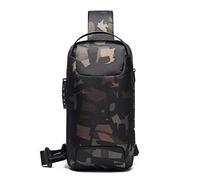 FANDARE Bandolera Antirrobo Unisex con Puerto de Carga USB, Bolsa de Pecho Impermeable para Senderismo Ciclismo Running Viajes, Mochila Bandolera para Hombre y Mujer Camuflaje