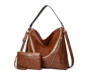 FANDARE Bolso Mujer Hombro Tote Bandolera Shoppers Bolsos de Mano Grande Impermeable PU Cuero Compra Señora para Viaje Trabajo Escuela Compras Bag 2pcs Set Marron Oscuro