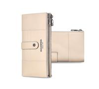 FANDARE Larga Cartera para Mujer con Bloqueo RFID, Tarjetero Monedero de Cuero Auténtico, Elegante Bolso de Mano, Cartera Plegable con 15 Ranuras para Tarjetas, 2 Bolsillos con Cremallera Bej Blanco
