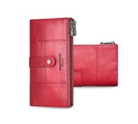 FANDARE Larga Cartera para Mujer con Bloqueo RFID, Tarjetero Monedero de Cuero Auténtico, Elegante Bolso de Mano, Cartera Plegable con 15 Ranuras para Tarjetas, 2 Bolsillos con Cremallera Rojo
