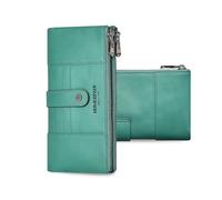 FANDARE Larga Cartera para Mujer con Bloqueo RFID, Tarjetero Monedero de Cuero Auténtico, Elegante Bolso de Mano, Cartera Plegable con 15 Ranuras para Tarjetas, 2 Bolsillos con Cremallera Verde