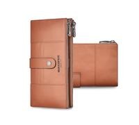 FANDARE Larga Cartera para Mujer con Bloqueo RFID, Tarjetero Monedero de Cuero Auténtico, Elegante Bolso de Mano, Cartera Plegable con 15 Ranuras para Tarjetas, 2 Bolsillos con Cremallera Marrón claro