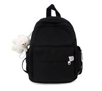 FANDARE Mochila de Mujer para Adolescentes y Adultas, Bolso Tote Color Sólido Caramelo, Mochila Ligera de Nylon con Colgante de Peluche, Mochila Bonita para Uso Diario y Ocio Colegio/Viajes Negro