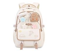 FANDARE Mochila Escolar Adolescente Niña Mochila Compatible con Maleta con Riel para Mochila Mochila Oxford Impermeable 4 Adornos de Peluche + Monedero Regalo Marrón