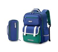 FANDARE Mochila Infantil para Niños y Niñas con Reflectante Mochila Escolar Ergonómica Impermeable Gran Capacidad Ligera con Múltiples Compartimentos y Correa Pecho Azul y Verde